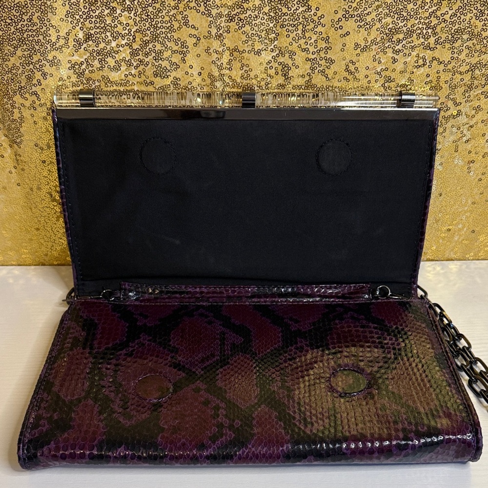 White House Black Market Purple/Black Faux Leather snakeskin clutch shoulder bag - Picture 6 of 9